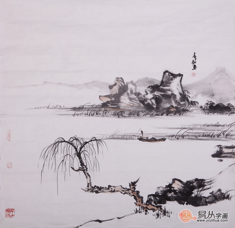 李杜四尺斗方山水画作品《行舟》