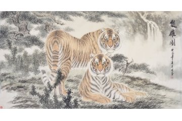 王贵国六尺横幅动物画作品虎《双雄图》