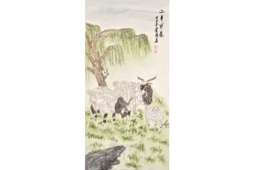 王贵国四尺竖幅动物吉祥画《三羊开泰》