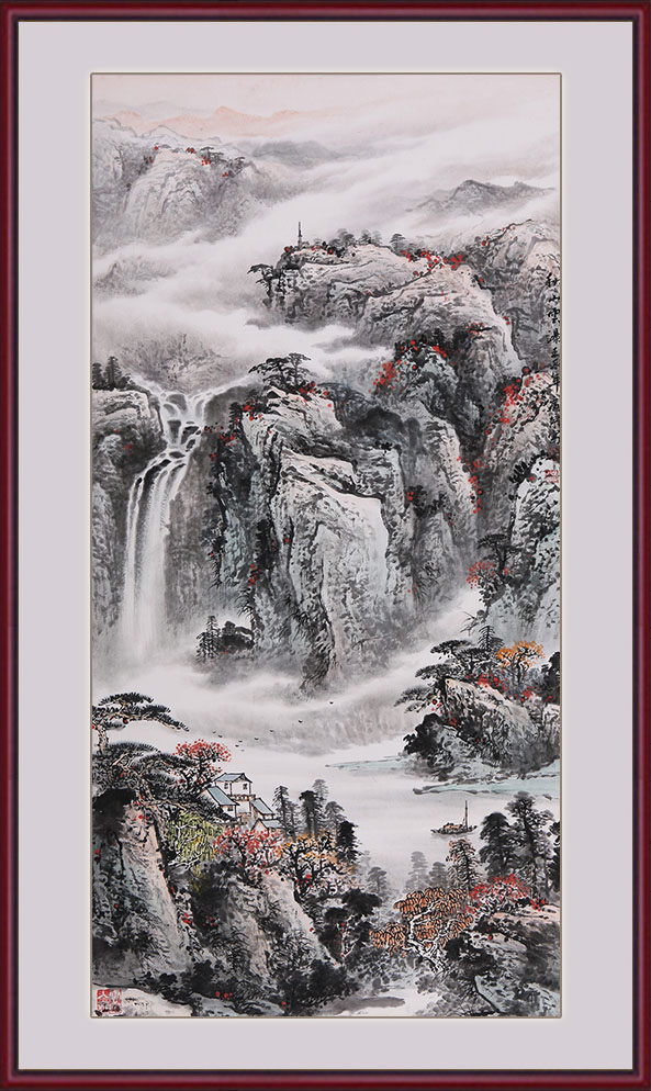 袁广宗四尺竖幅山水画作品《秋山云瀑》