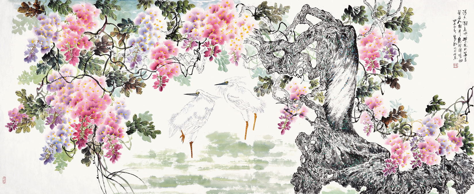 易水八尺横幅花鸟画紫藤白鹭《清香凝岛屿》