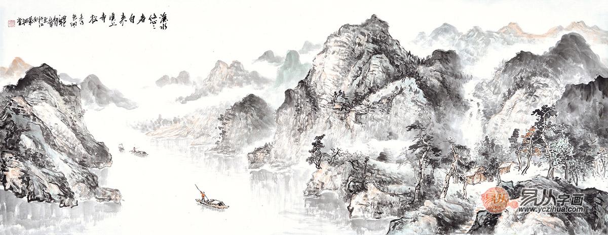 廖正华六尺横幅山水画作品《溪水悠悠春自来》