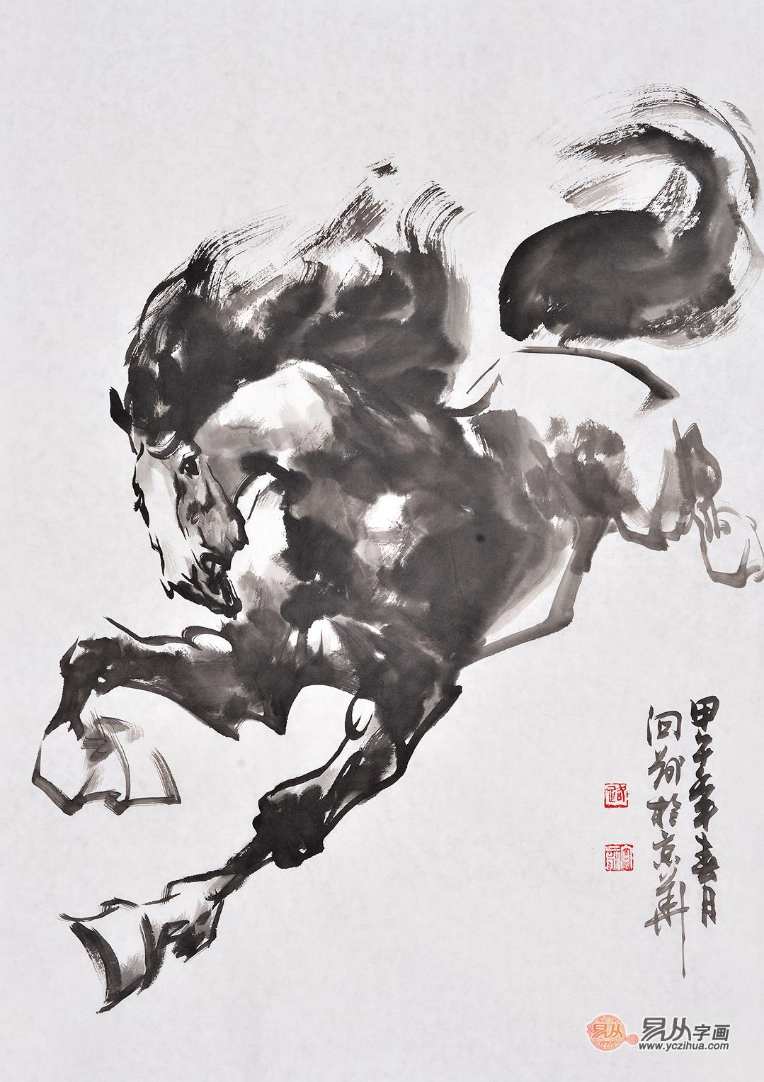 路向前四尺三开写意动物画马作品《奔腾》