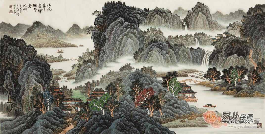 吴大恺四尺横幅山水画作品《山光弄春晖》