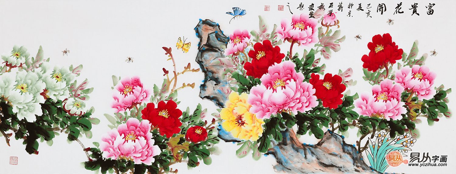 石荣禄六尺横幅牡丹《富贵花开》