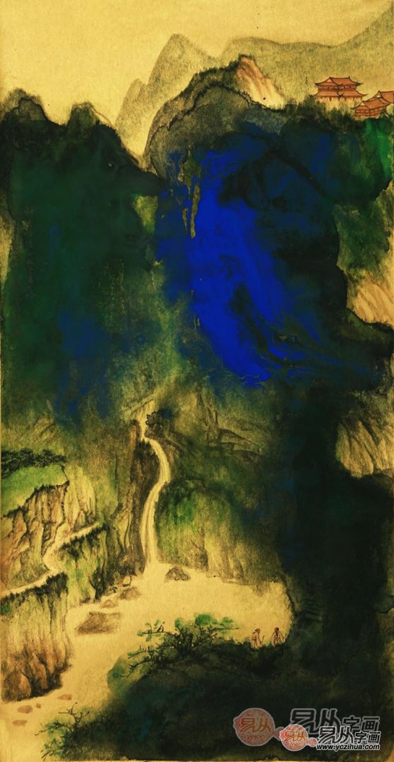 魏金岭三尺竖幅山水画作品《金笺山水画系列之一》