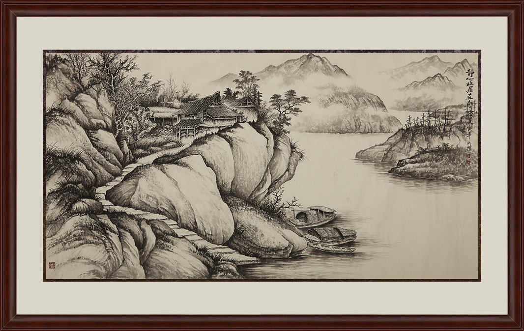 吴大恺六尺横幅山水画作品《静心幽居在水一方》