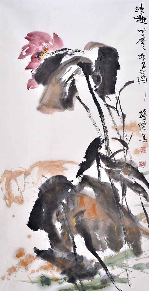 孙伟四尺竖幅花鸟画荷《清趣》