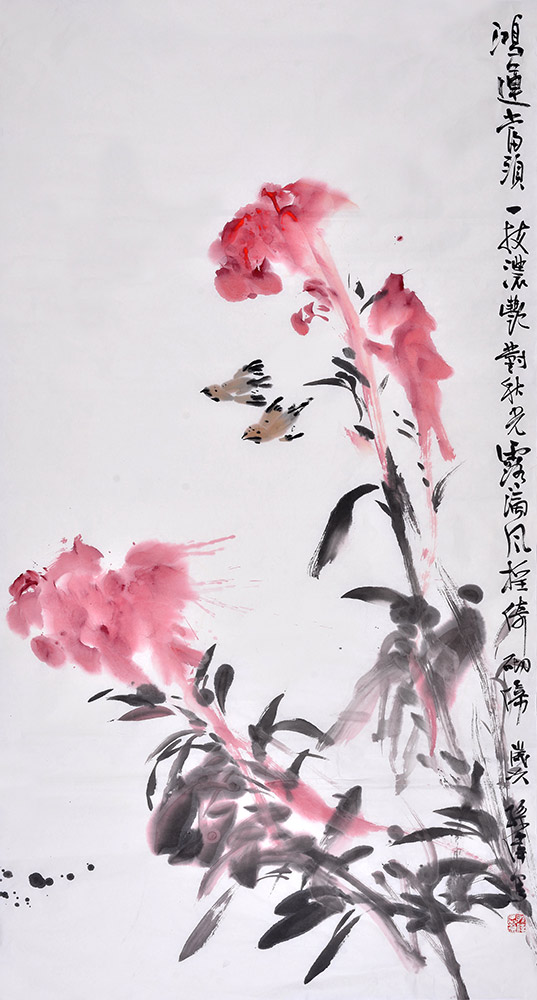 孙伟六尺竖幅花鸟画鸡冠花《鸿运当头》