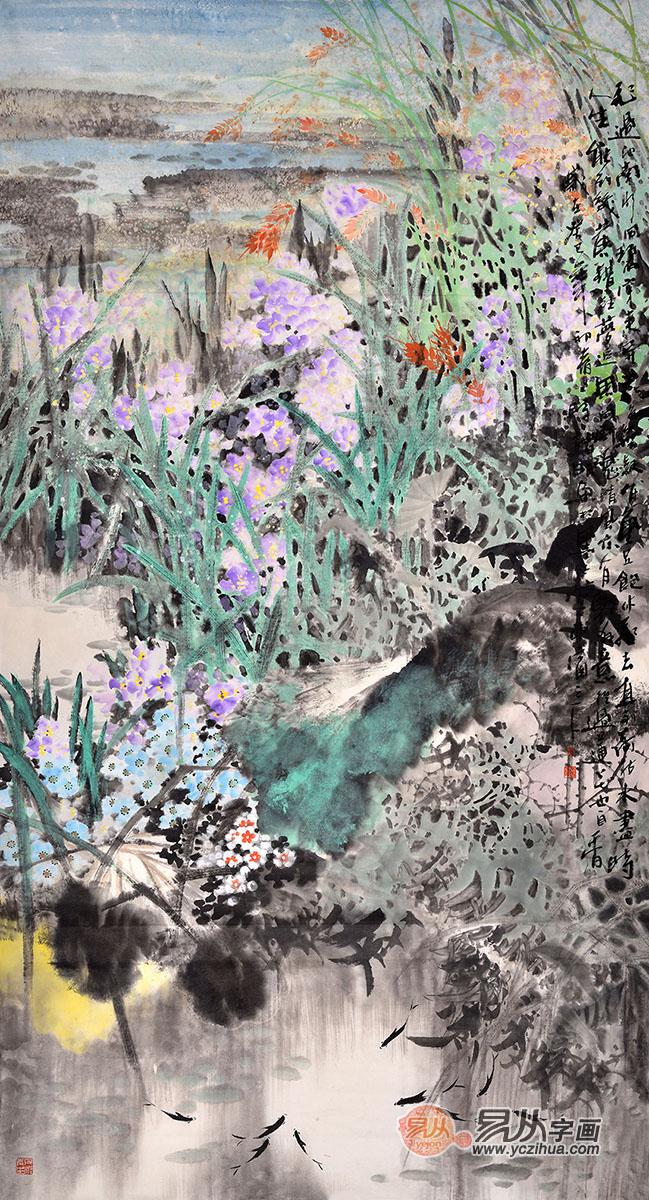 诸明六尺竖幅花鸟画《飞过池南水同碧》
