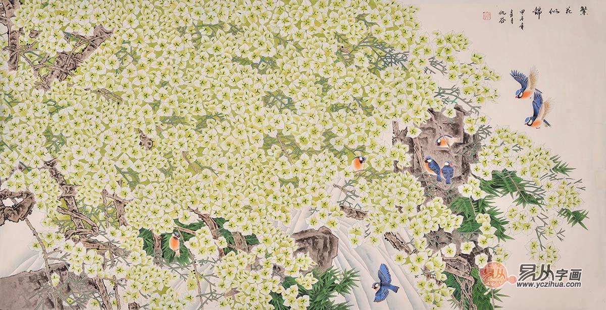 仇谷四尺横幅花鸟画三角梅《繁花似锦》