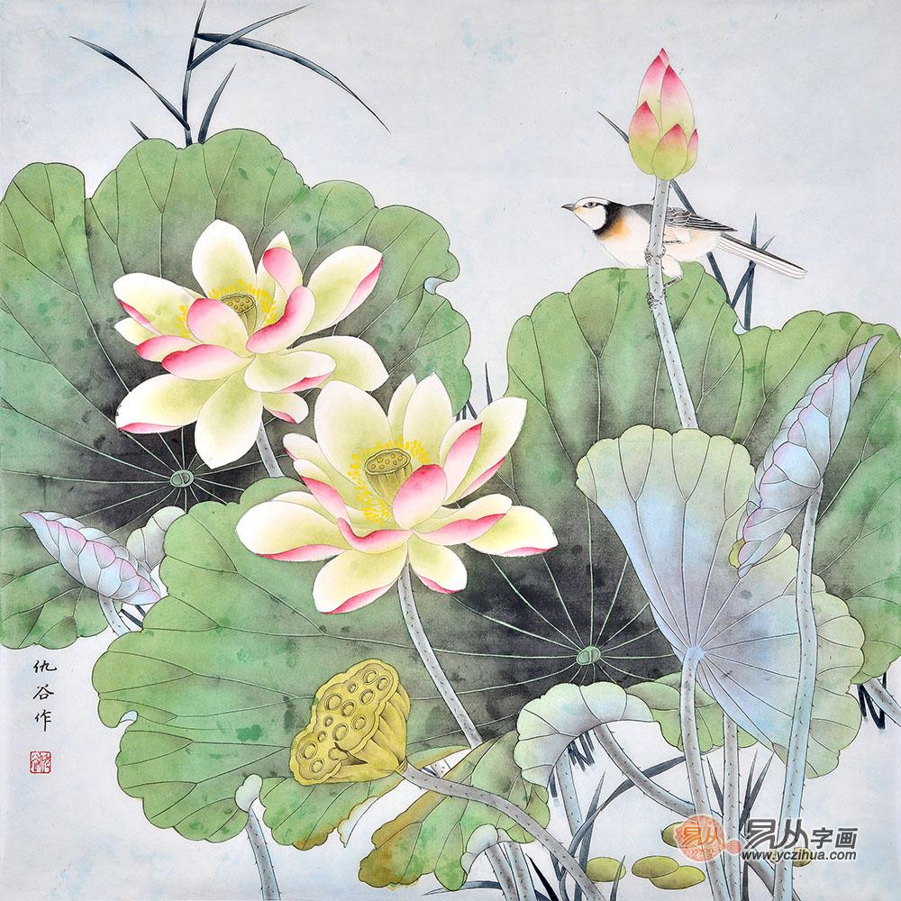 工笔花鸟画国画荷花《和美如意》