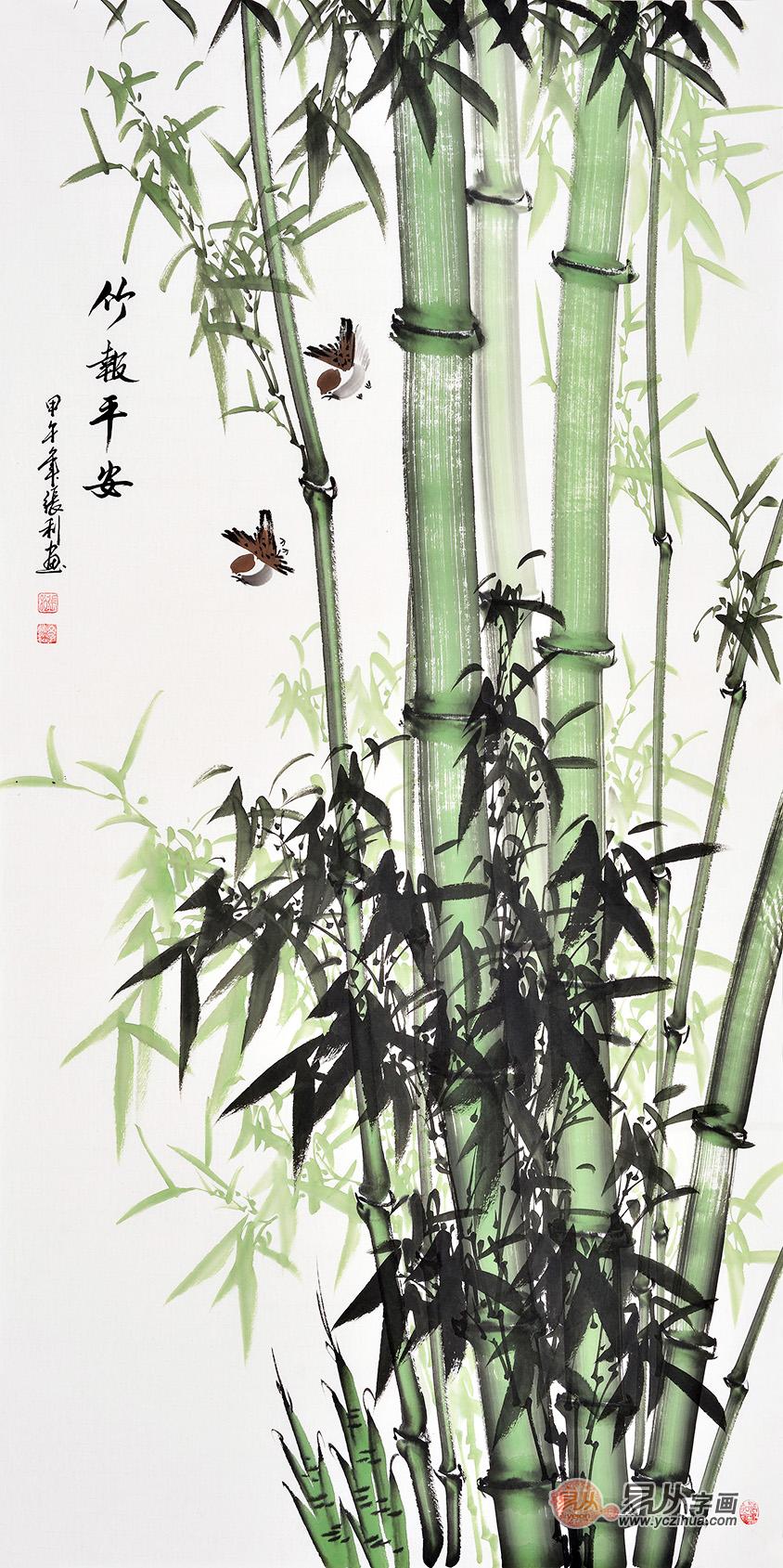张利四尺竖幅花鸟画作品《竹报平安》三