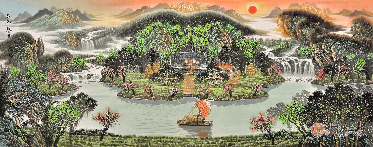 国画家易天也山水画聚宝盆作品《旭日祥云照千山》